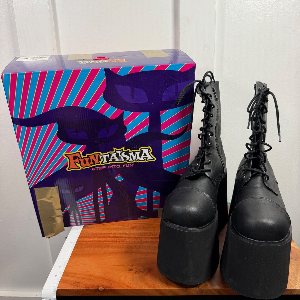 Funtasma Monster-10 Black Matte Platform Boots Lace Up Side Zip Men's S 8-9